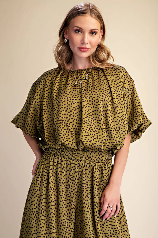 Crop Top Round Neck Balloon Sleeve Bubble Hem -Olive