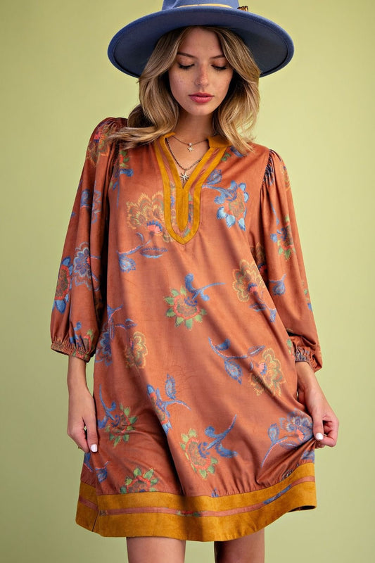 Flower Printed Suede Long Sleeve Khaki Dress