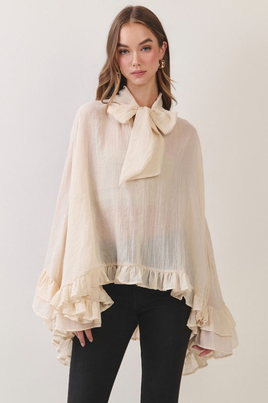 High Low Ruffle Chiffon Bell Sleeve Top - Cream