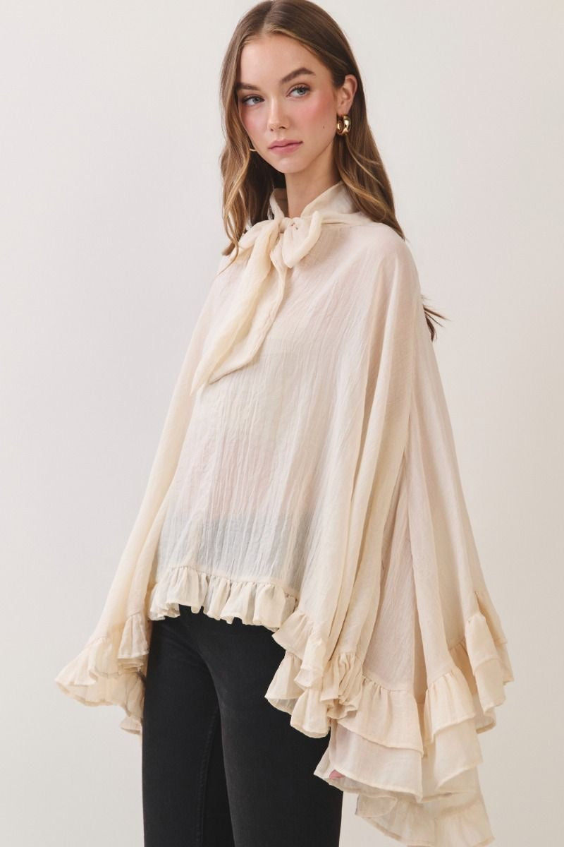 High Low Ruffle Chiffon Bell Sleeve Top - Cream