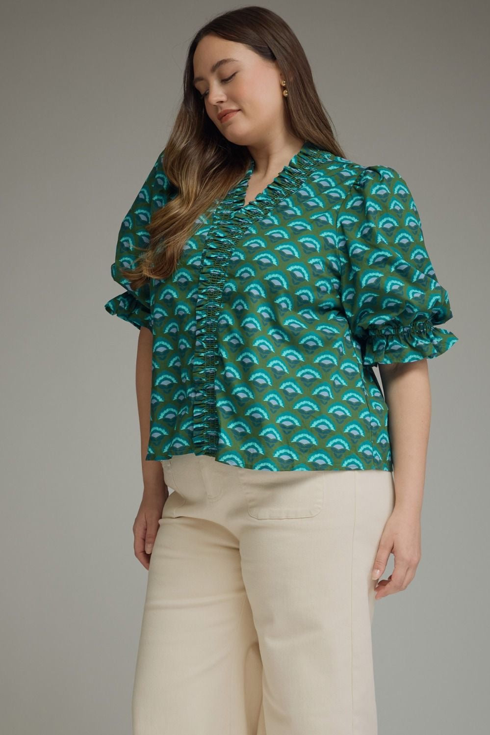 Geometric Print Short Puff Sleeve Top -Green