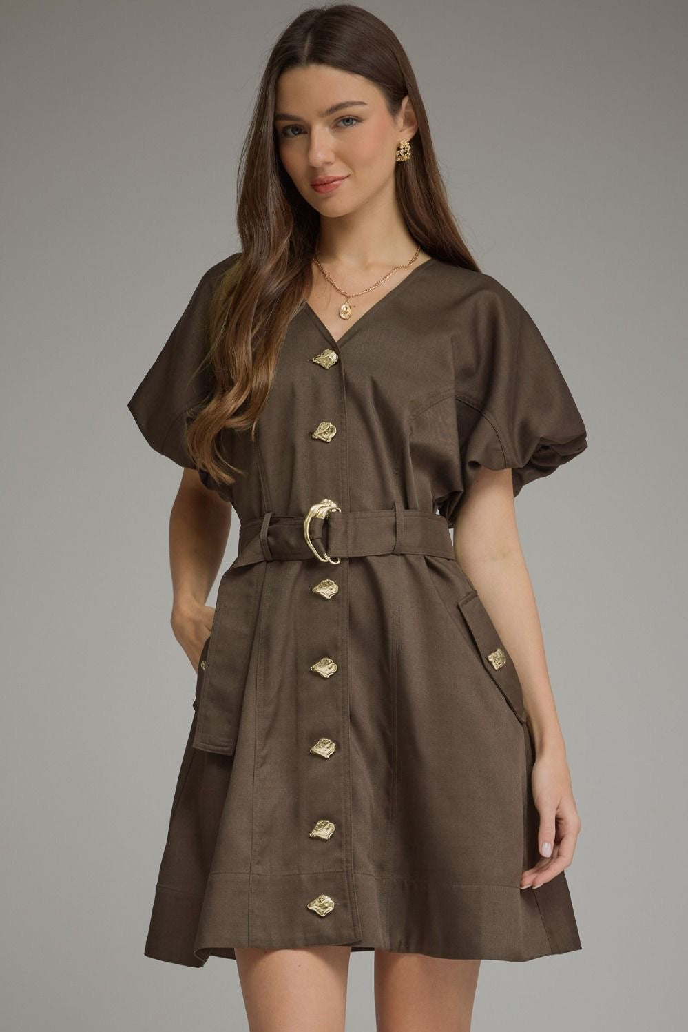 Gold Button Belted Dress -Brown