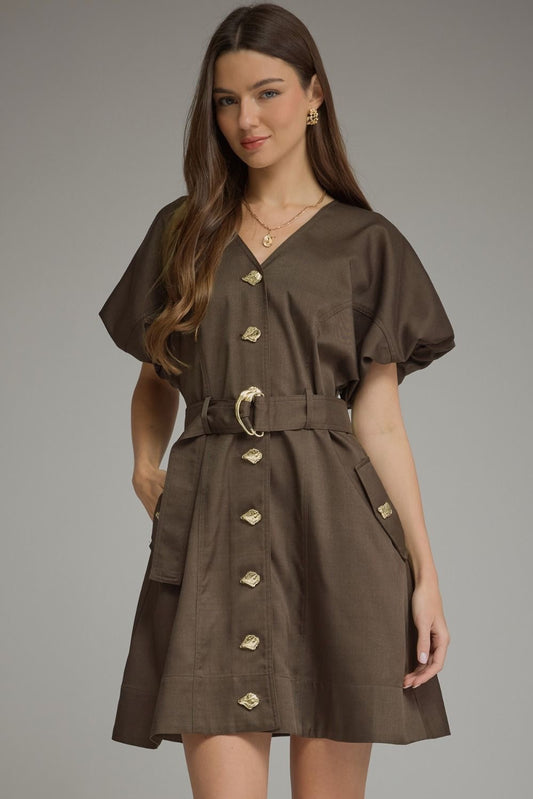 Gold Button Belted Dress -Brown