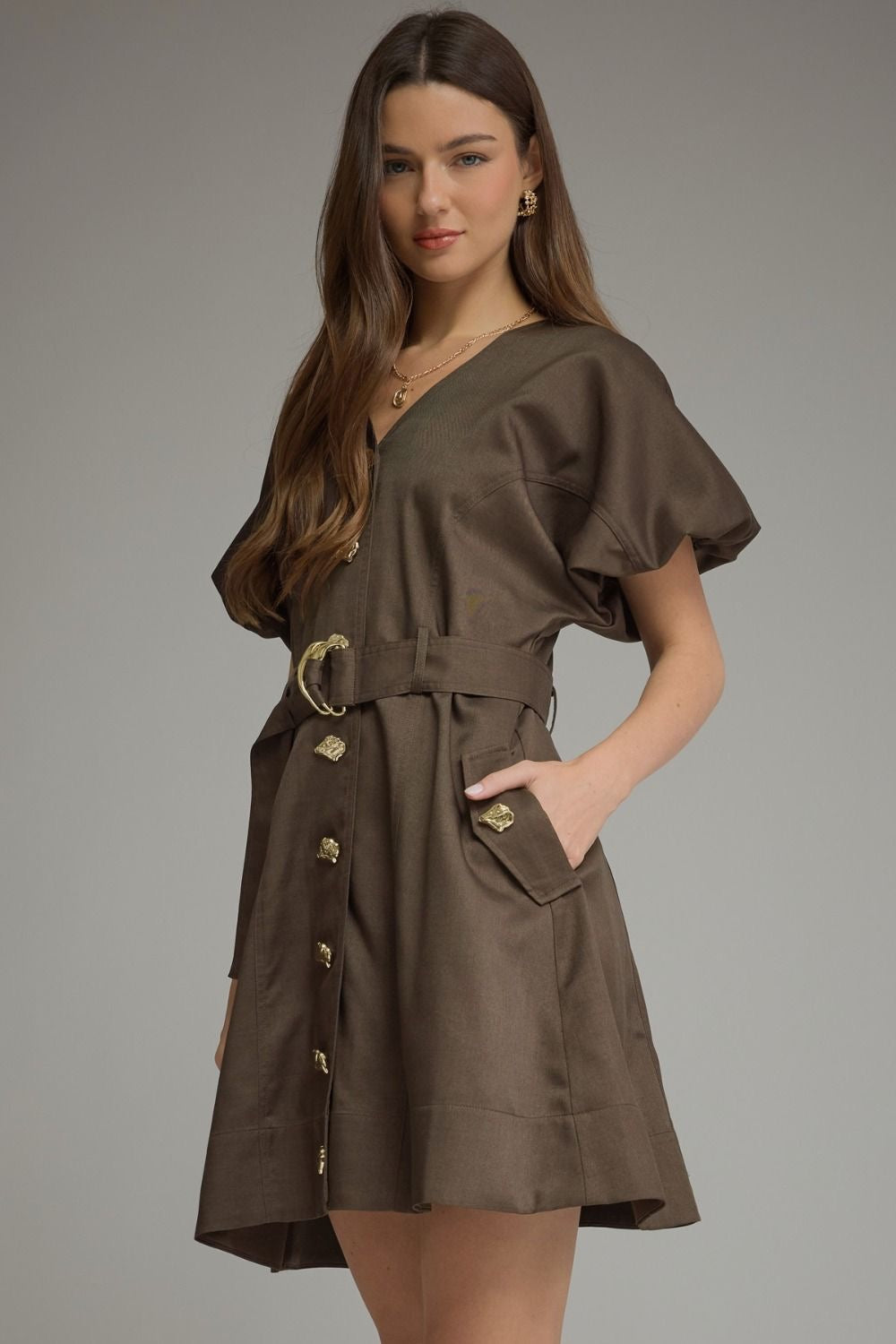 Gold Button Belted Dress -Brown
