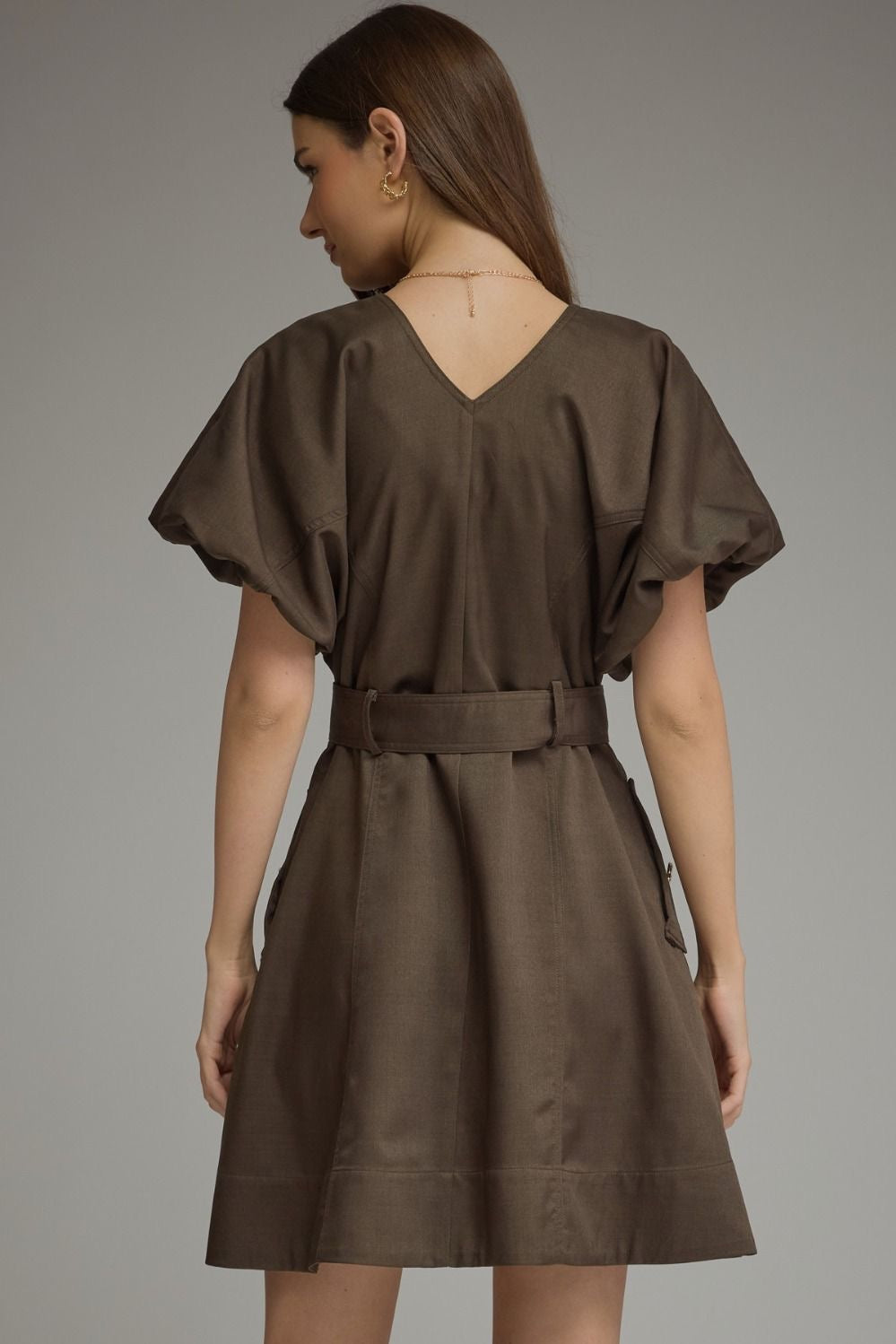 Gold Button Belted Dress -Brown
