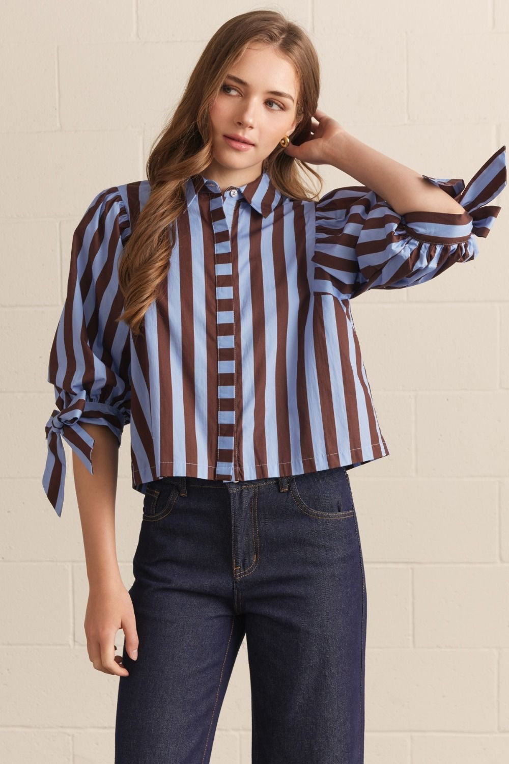 Brown & Blue Stripe Woven Top