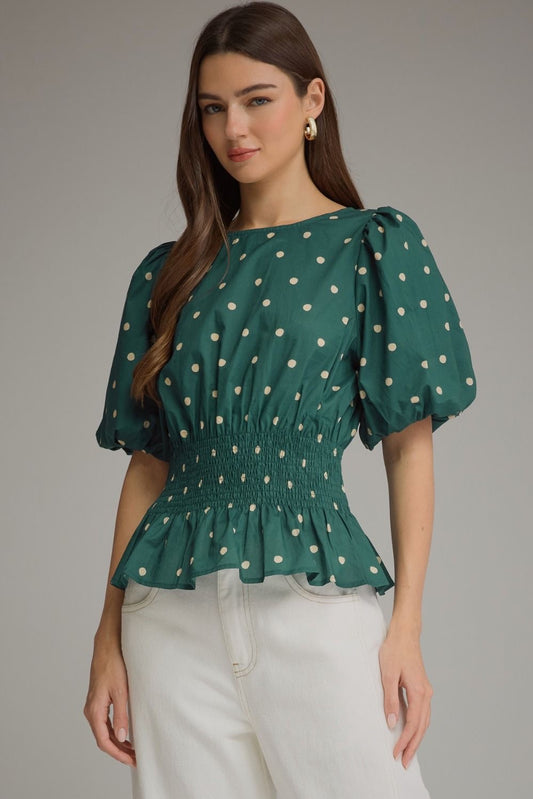 ENTRO Polka Dot Smocked Waist Peplum Top