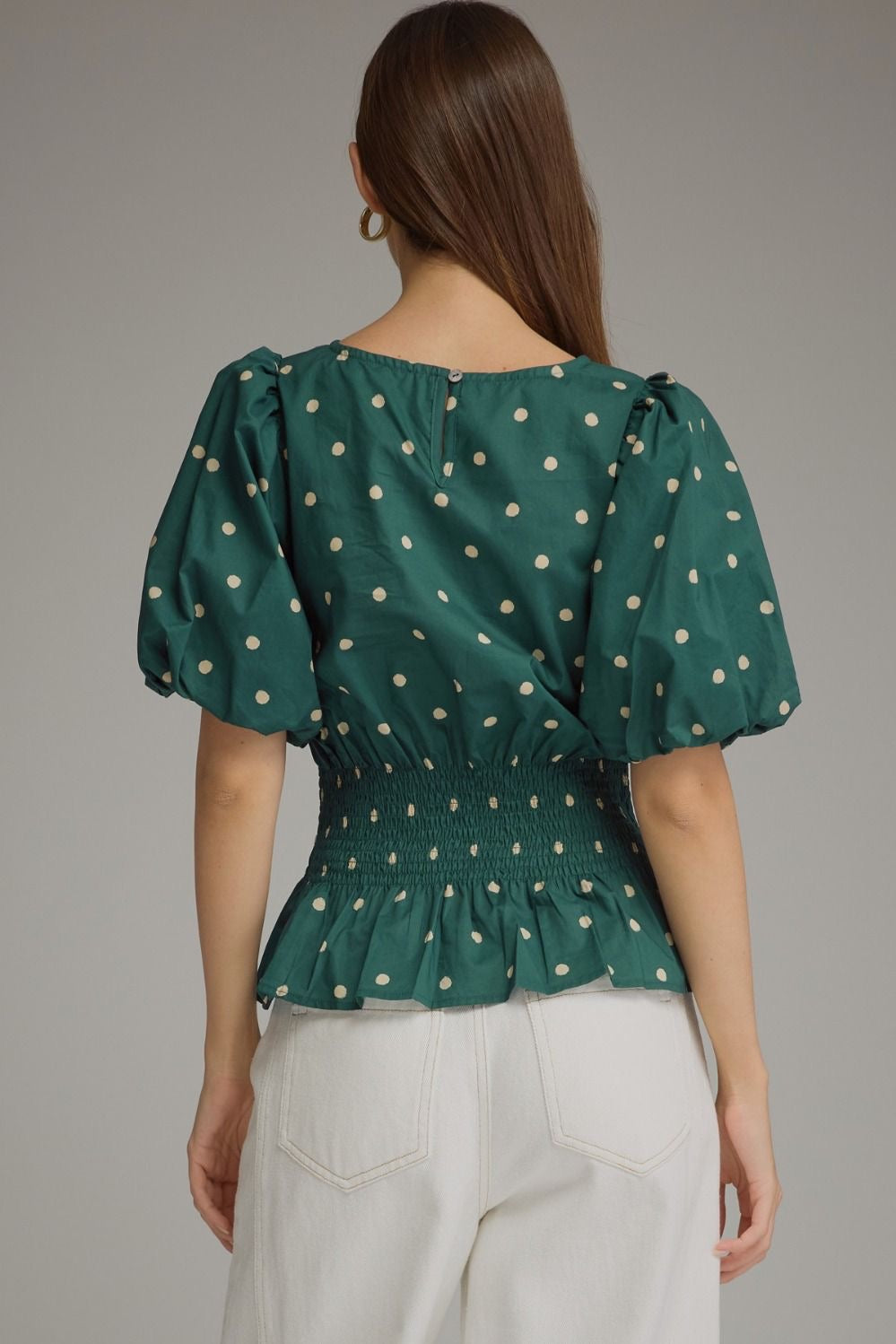 ENTRO Polka Dot Smocked Waist Peplum Top