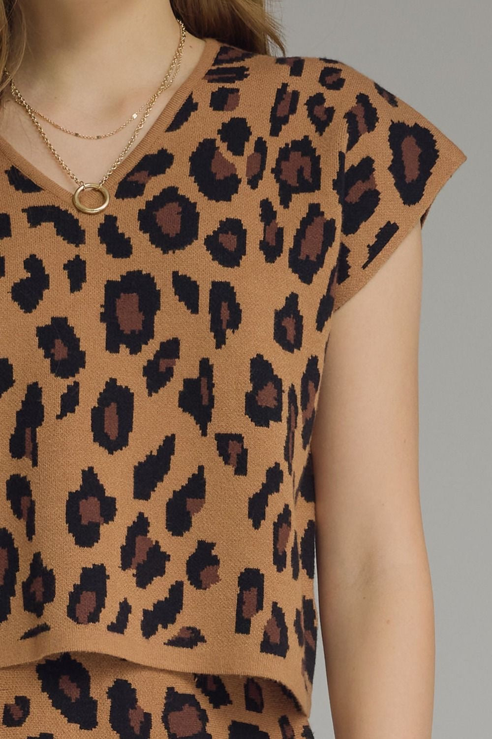 Leopard Print Cap Sleeve Cropped Knit Top
