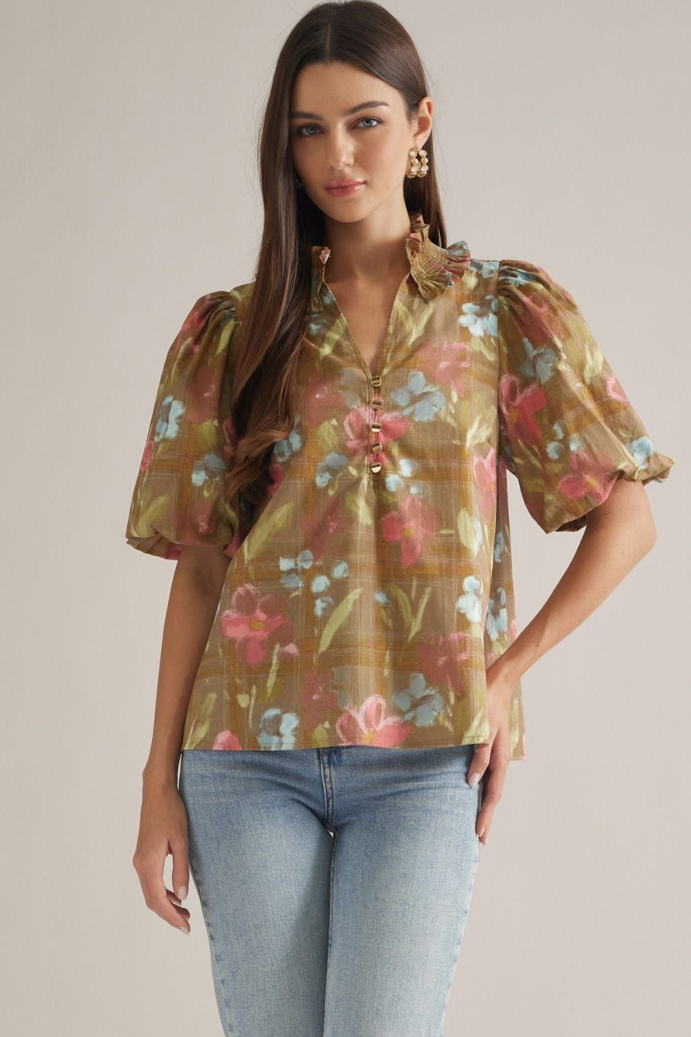Olive Muted Floral Top