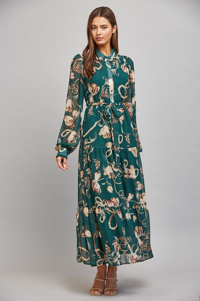Floral & Chain Print Chiffon Self Waist Tie Button Down Dress - Dark Green