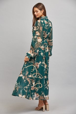 Floral & Chain Print Chiffon Self Waist Tie Button Down Dress - Dark Green