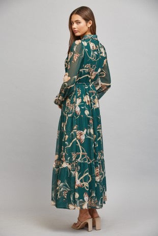 Floral & Chain Print Chiffon Self Waist Tie Button Down Dress - Dark Green