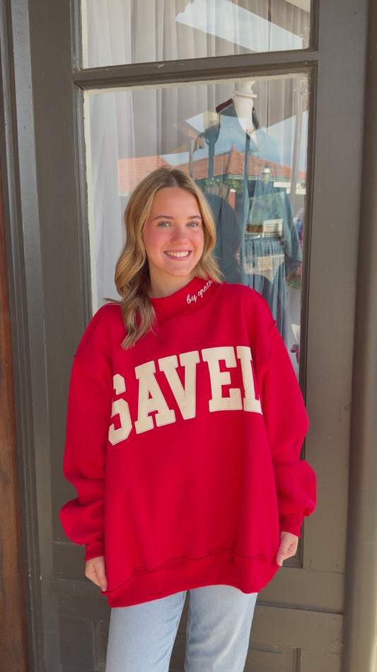 "SAVED" Embroidered Mock Neck Sweatshirt- RED with White
