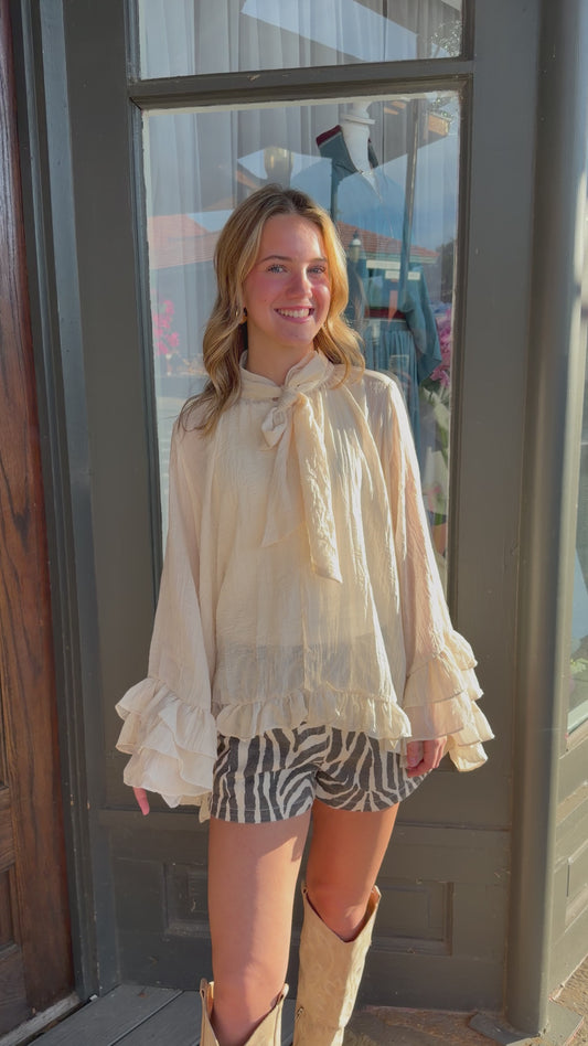 High Low Ruffle Chiffon Bell Sleeve Top - Cream